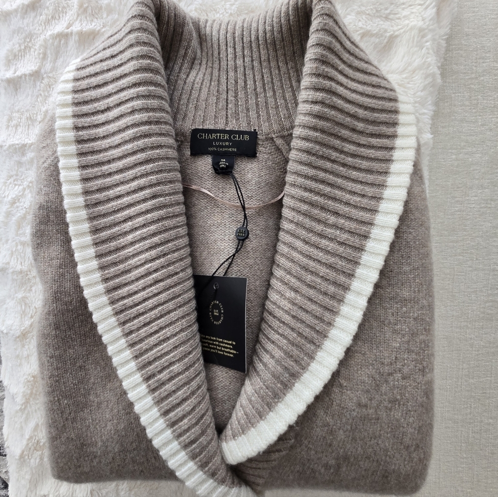 Charter Club Taupe Cardigan with Cream Trim - Picture 5 of 5